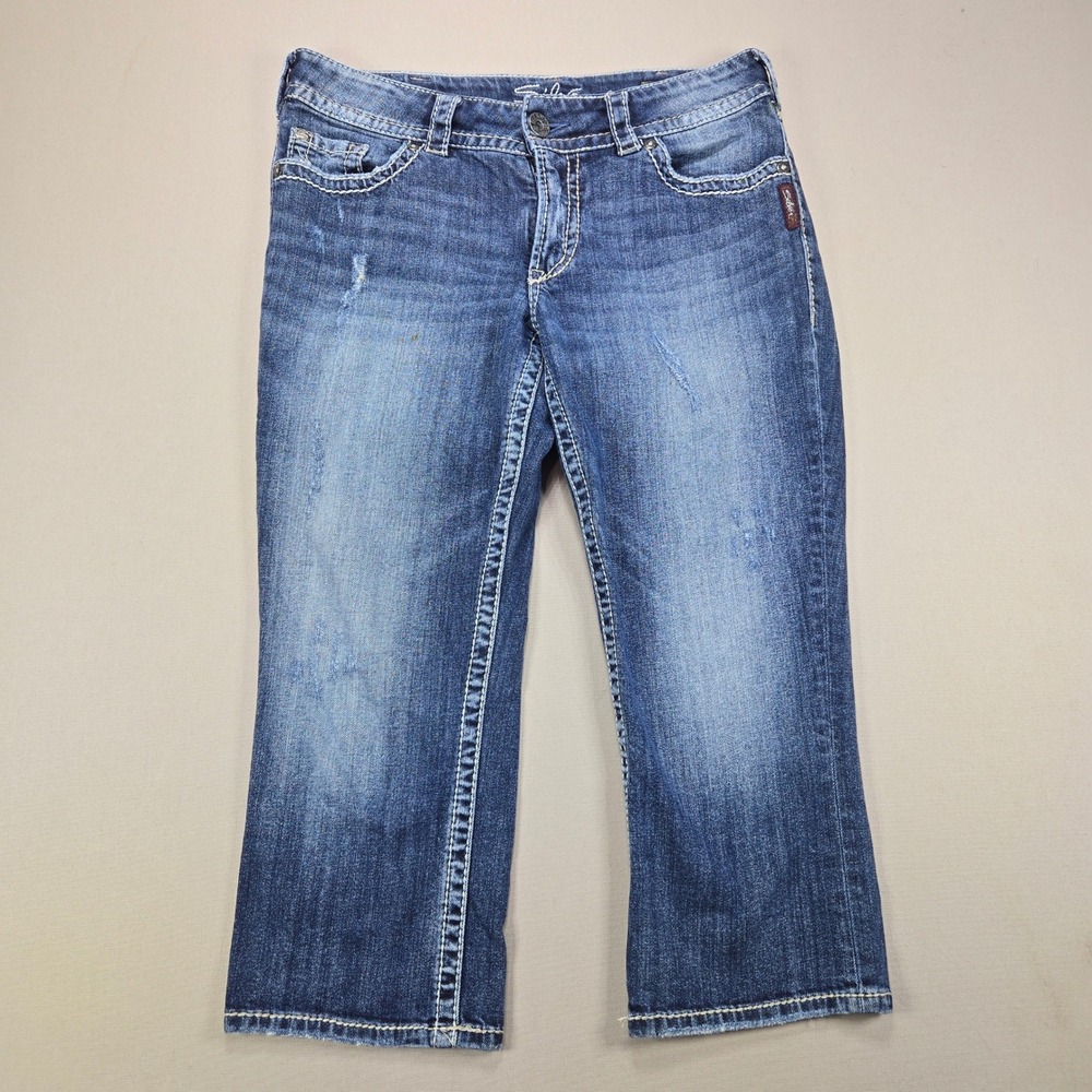 Silver Jeans Suki Surplus Capri Distressed Flap Pocket Blue Womens W31